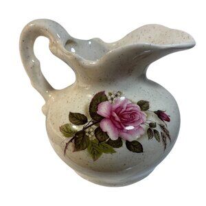 Vintage Ceramic Pitcher Pink Rose Floral Design 4.75" Tall Cream Speckled Finish